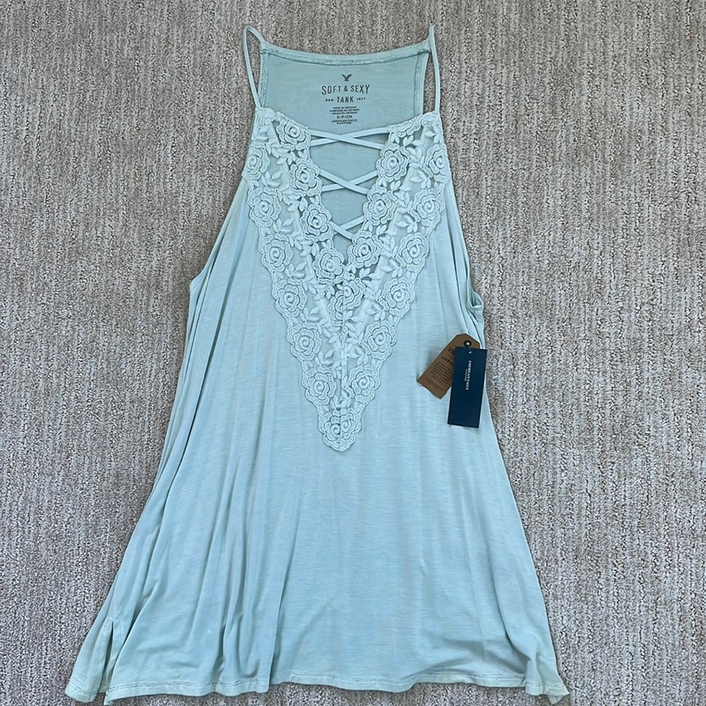American Eagle NWT lace criss-cross light blue tank - size S